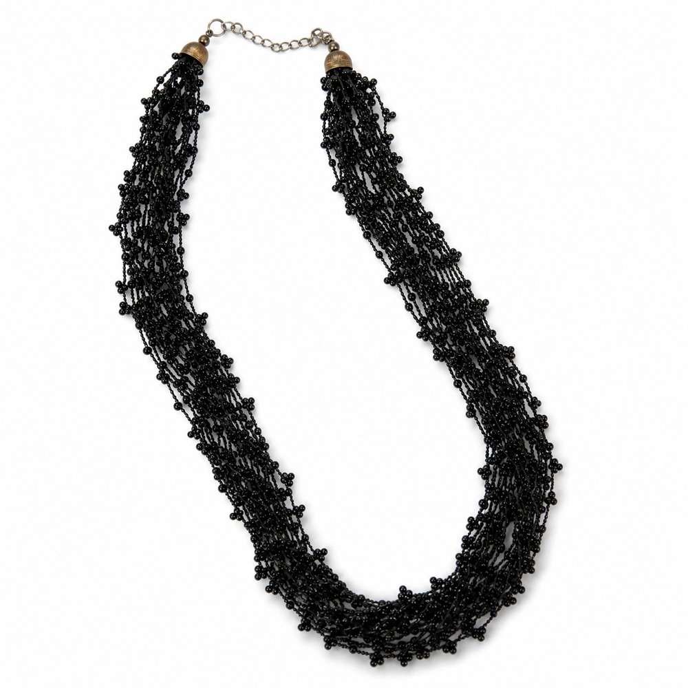 Vintage Black Multi Strand Seed Bead Crochet Statement Necklace Boho‎ Goth
